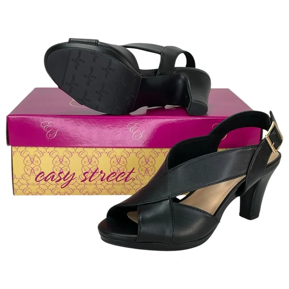 Easy Street Christy Black Faux Leather Criss Cross Womens Heels Size 6.5M - Picture 10 of 11